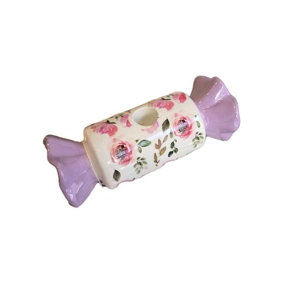 New Floral Shabby Chic Roses Ceramic Rolled Candy Candlestick Holder Home Decor - Picture 2 of 2
